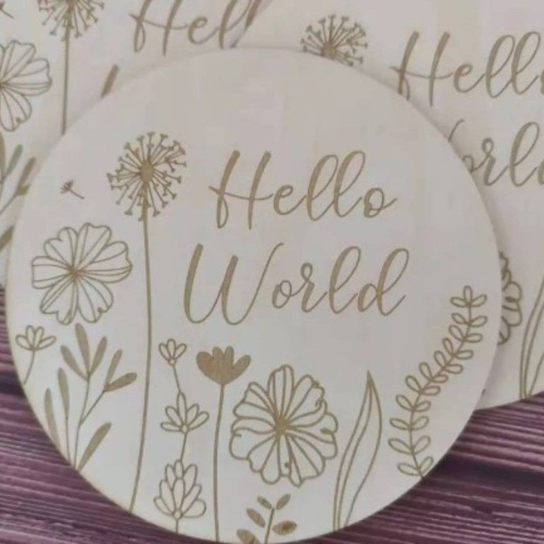 Wooden Baby Announcement Hello World Engraved Sign Plaque