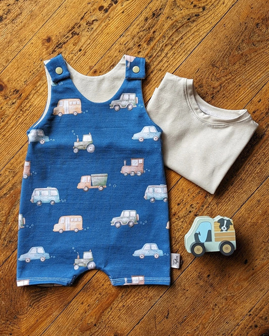 Organic Cotton Shortie Rompers - Blue Vehicles