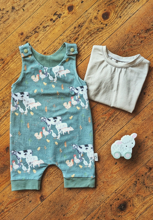 Organic Cotton Shortie Rompers - Farm Friends Print on Sage