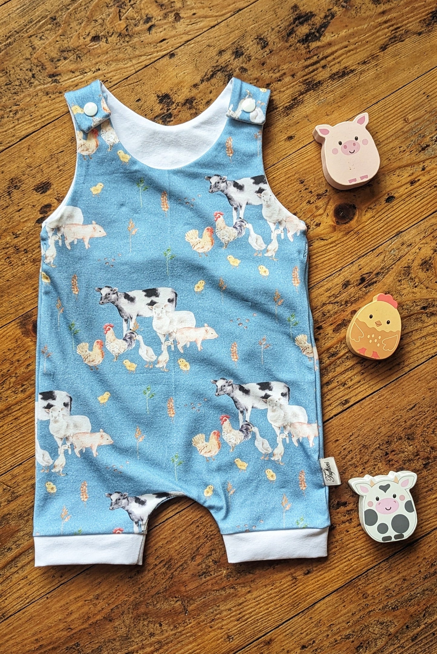 Organic Cotton Shortie Rompers - Farm Friends Print on Sky Blue