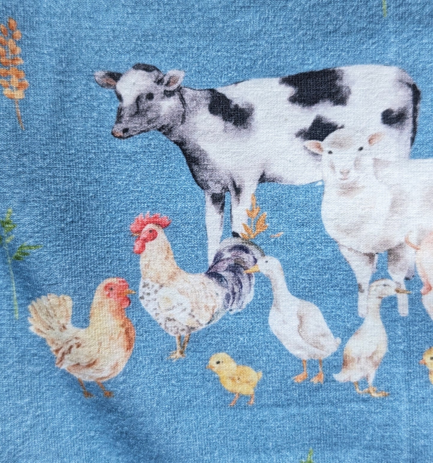 Organic Cotton Shortie Rompers - Farm Friends Print on Sky Blue