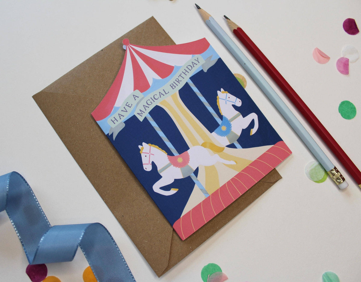 Whimsical Carousel Birthday Card - Cutout Circus