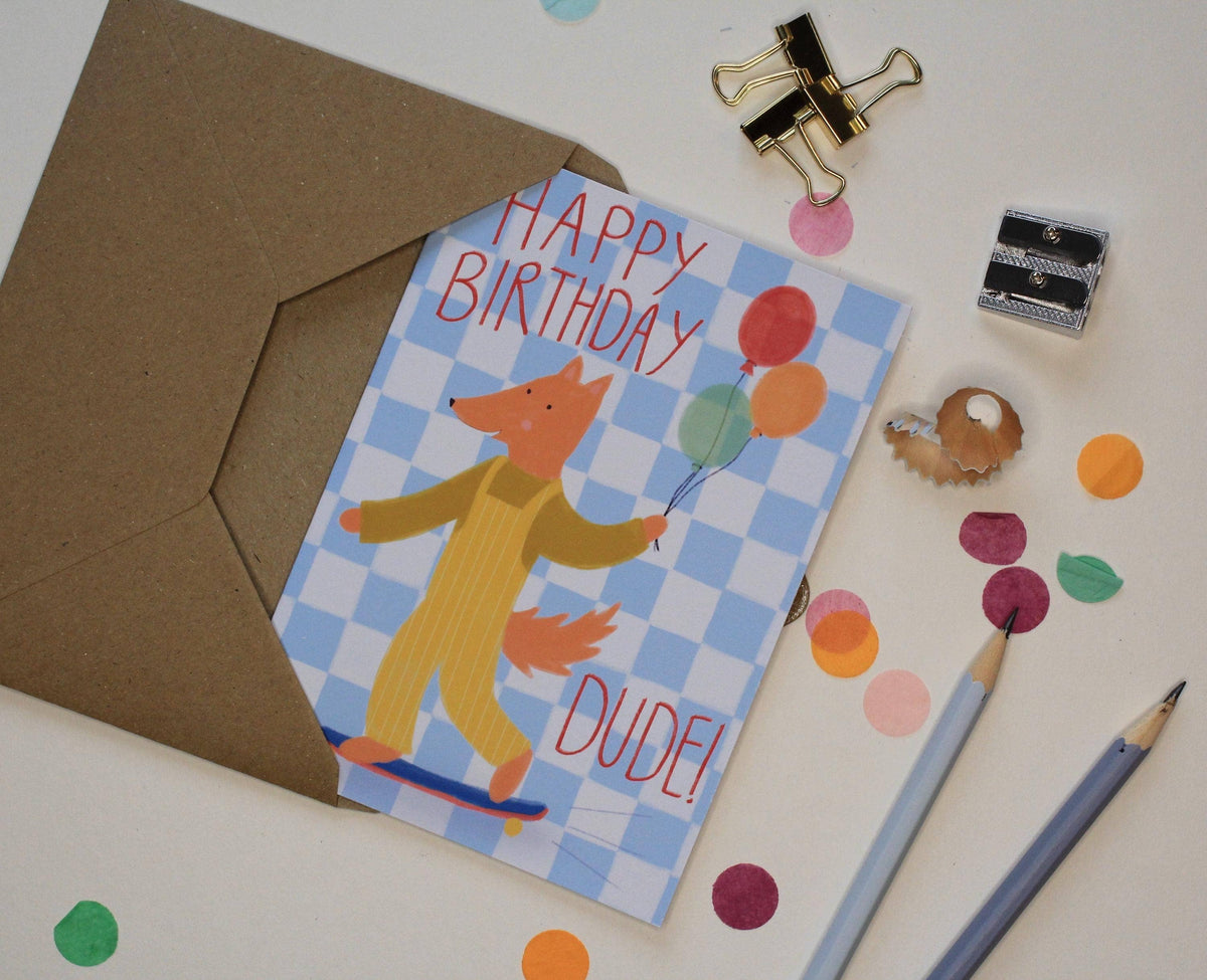 Fox Birthday Card for Boys – Happy Birthday Dude, Skateboard