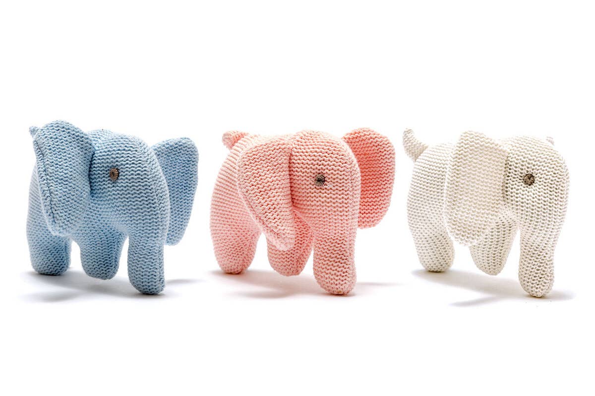 Knitted White Organic Cotton Elephant Baby Rattle