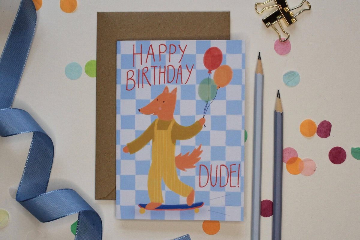 Fox Birthday Card for Boys – Happy Birthday Dude, Skateboard