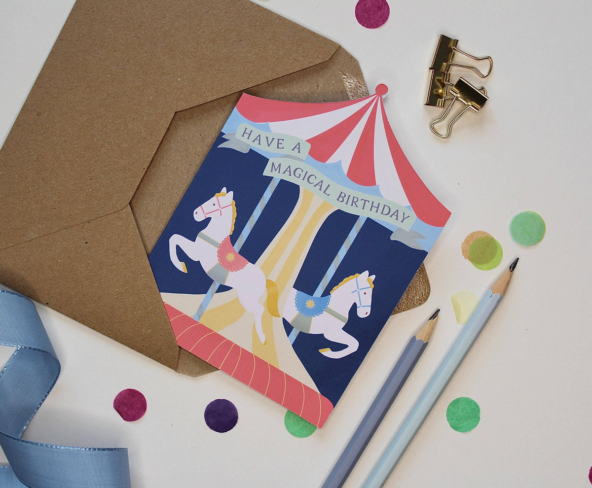 Whimsical Carousel Birthday Card - Cutout Circus