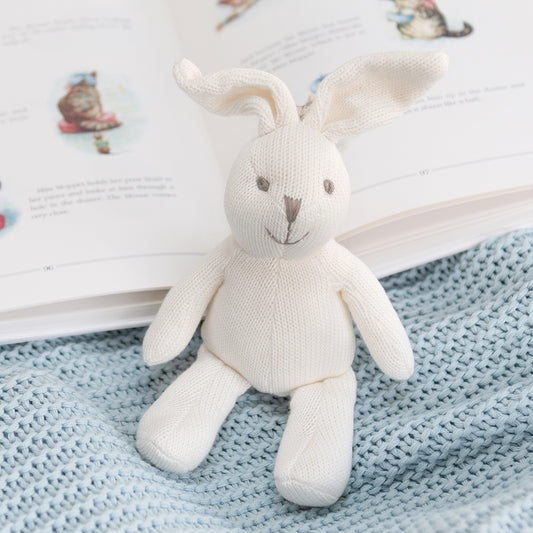 KNITTED ORGANIC COTTON WHITE BUNNY RATTLE