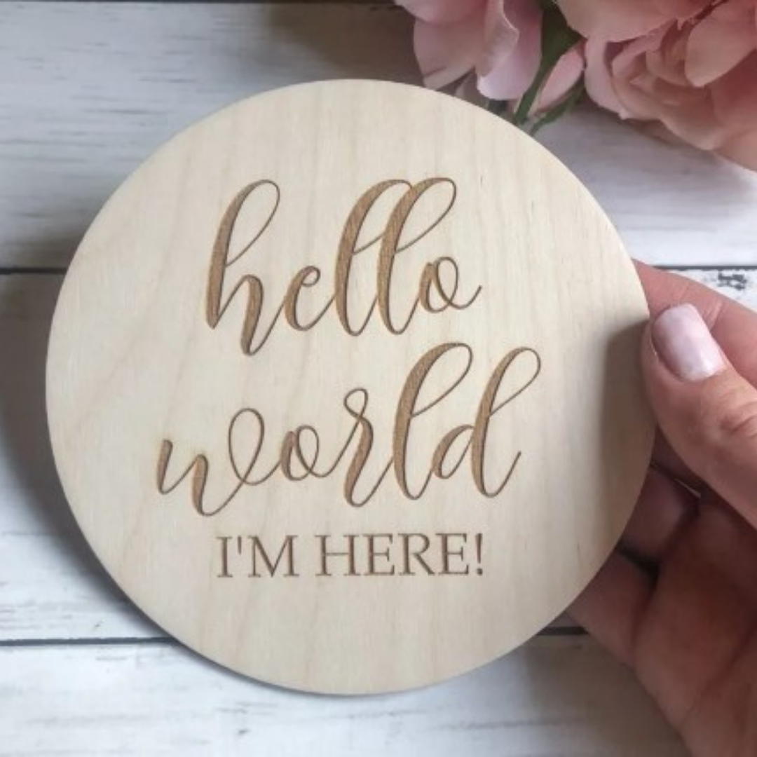 Wooden Baby Announcement Hello World Engraved Sign Plaque