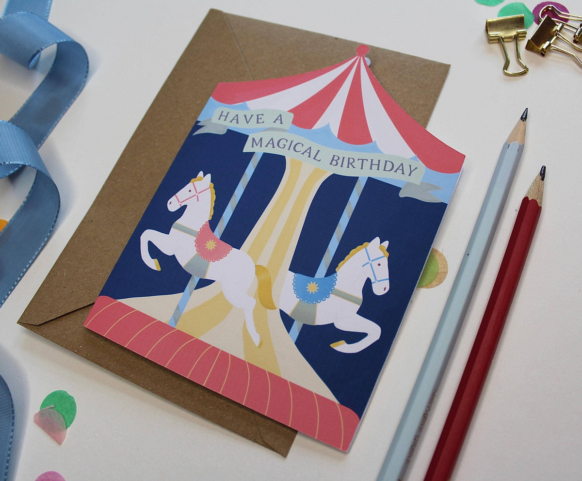 Whimsical Carousel Birthday Card - Cutout Circus