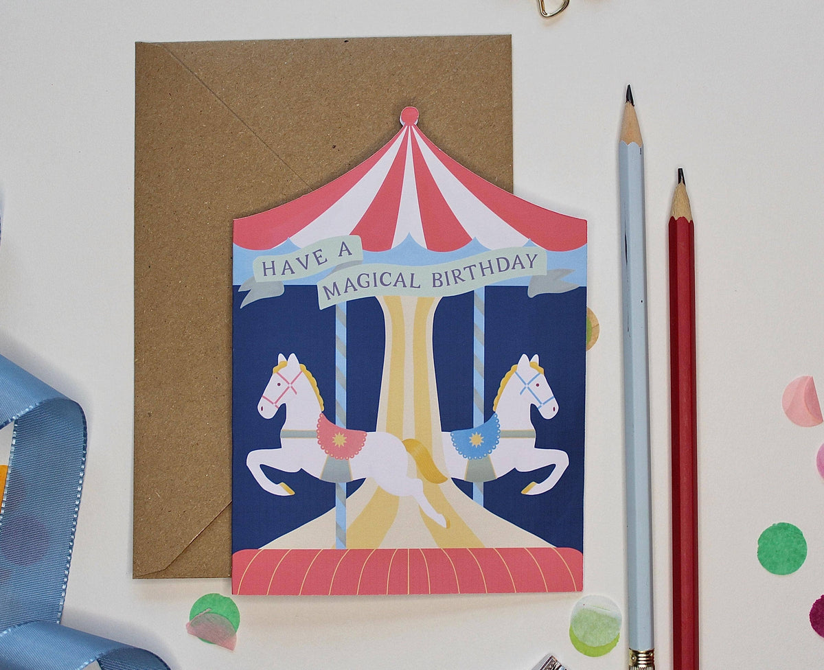 Whimsical Carousel Birthday Card - Cutout Circus