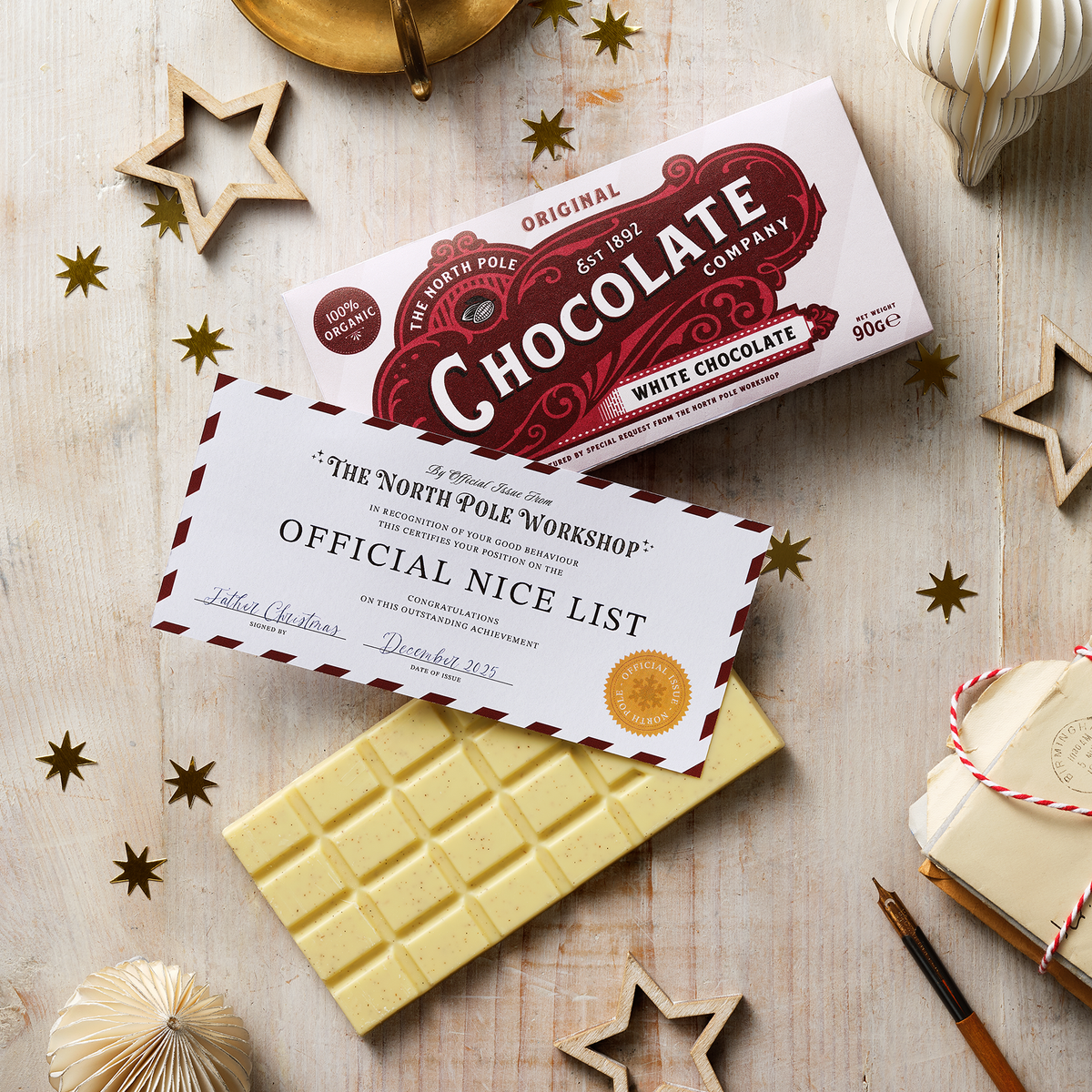 Organic White Chocolate Bar + Nice List Certificate (90g)