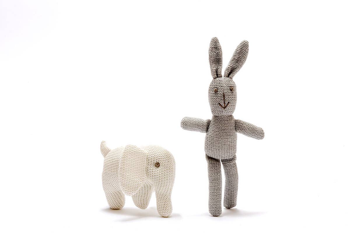 Knitted White Organic Cotton Elephant Baby Rattle